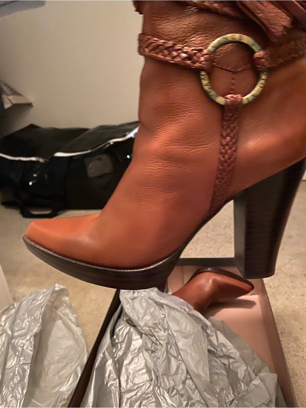 Vintage Vince Camuto Cognac Leather Braided-Accent Knee Boots - Picture 5 of 8